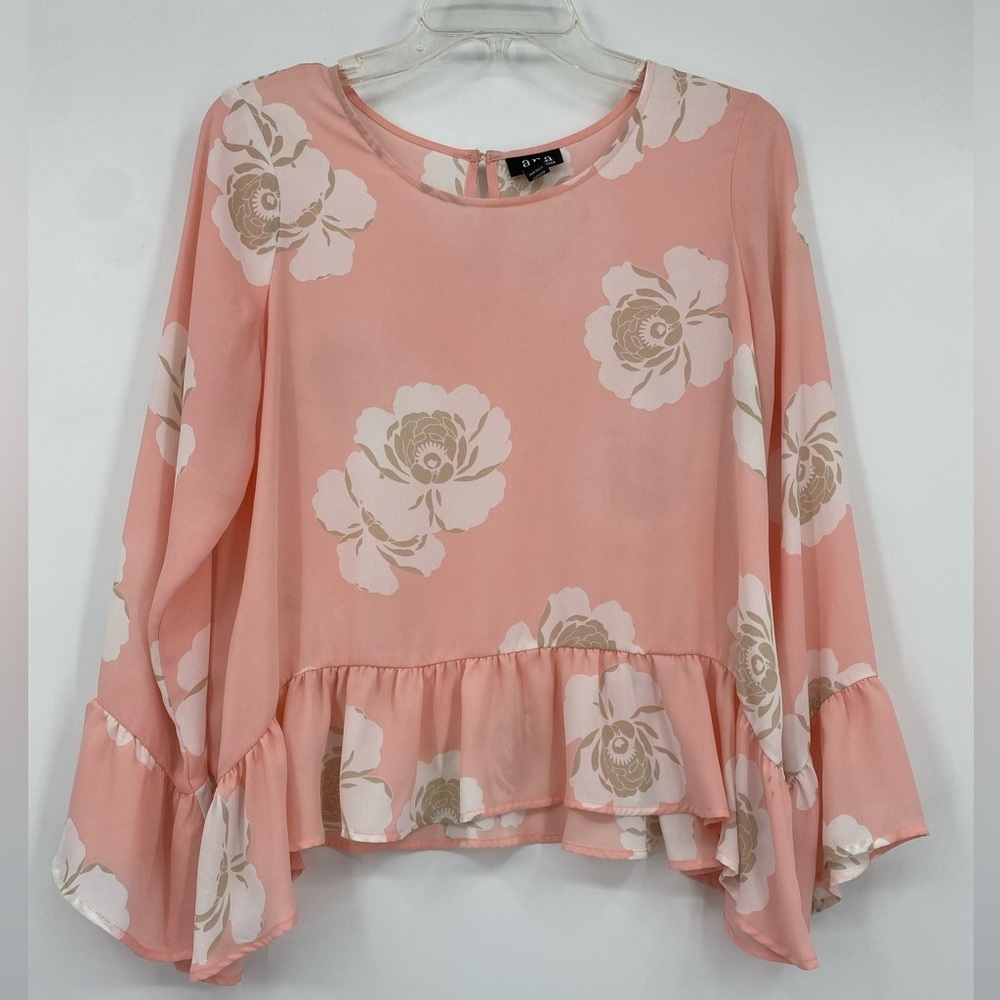 a.n.a. Women's Long Sleeve Pink Peach Ruffled Lace Shirt Top Blouse Size Small